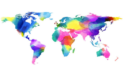 Multi-coloured map of the world