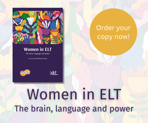 Advertisement featuring the book "Women in ELT" with colorful floral artwork on the cover and the text "Order your copy now! Women in ELT: The brain, language and power."