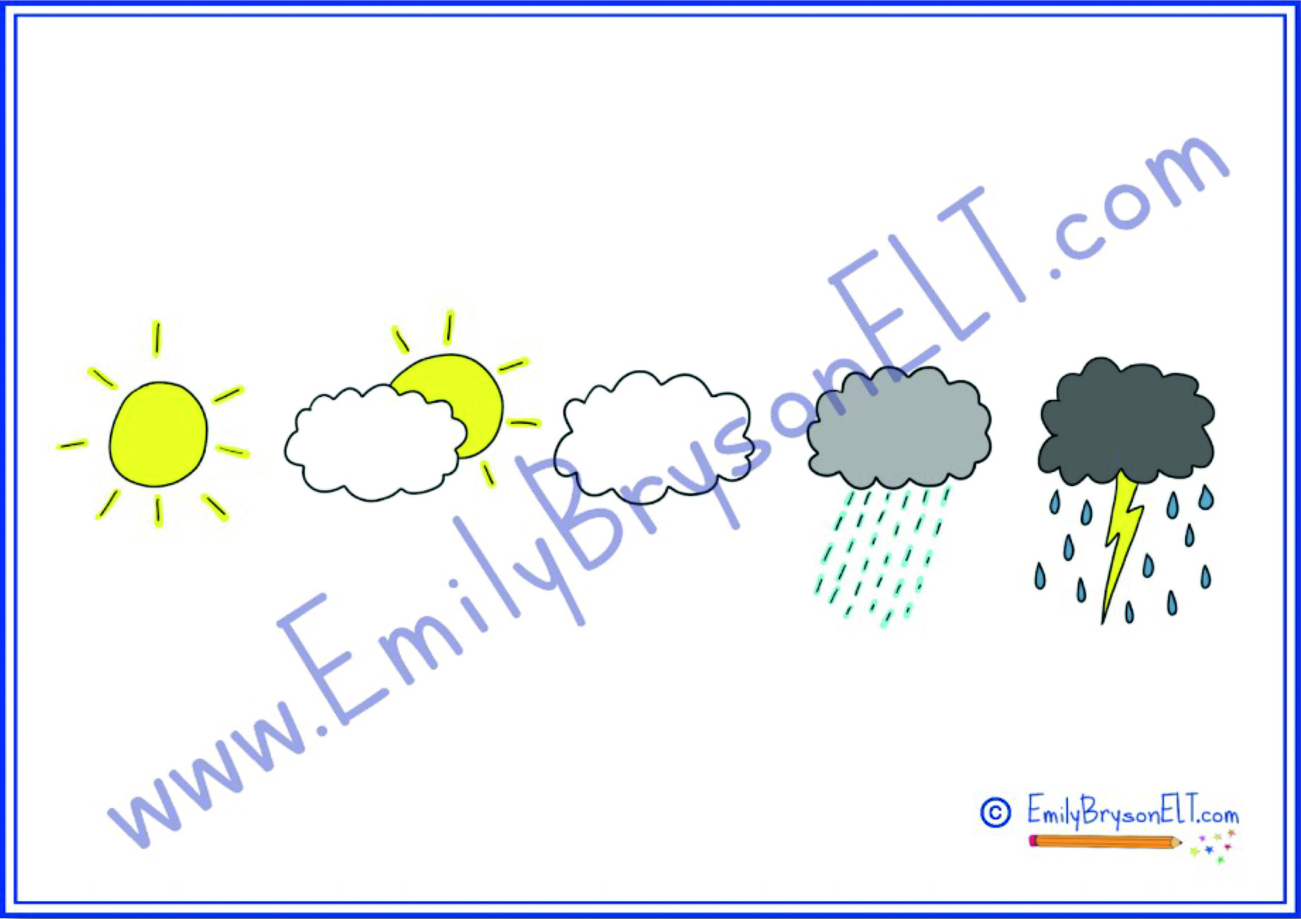 Illustration depicting various weather conditions: a sun, partly cloudy, cloudy, rainy, and stormy weather with lightning and rain.