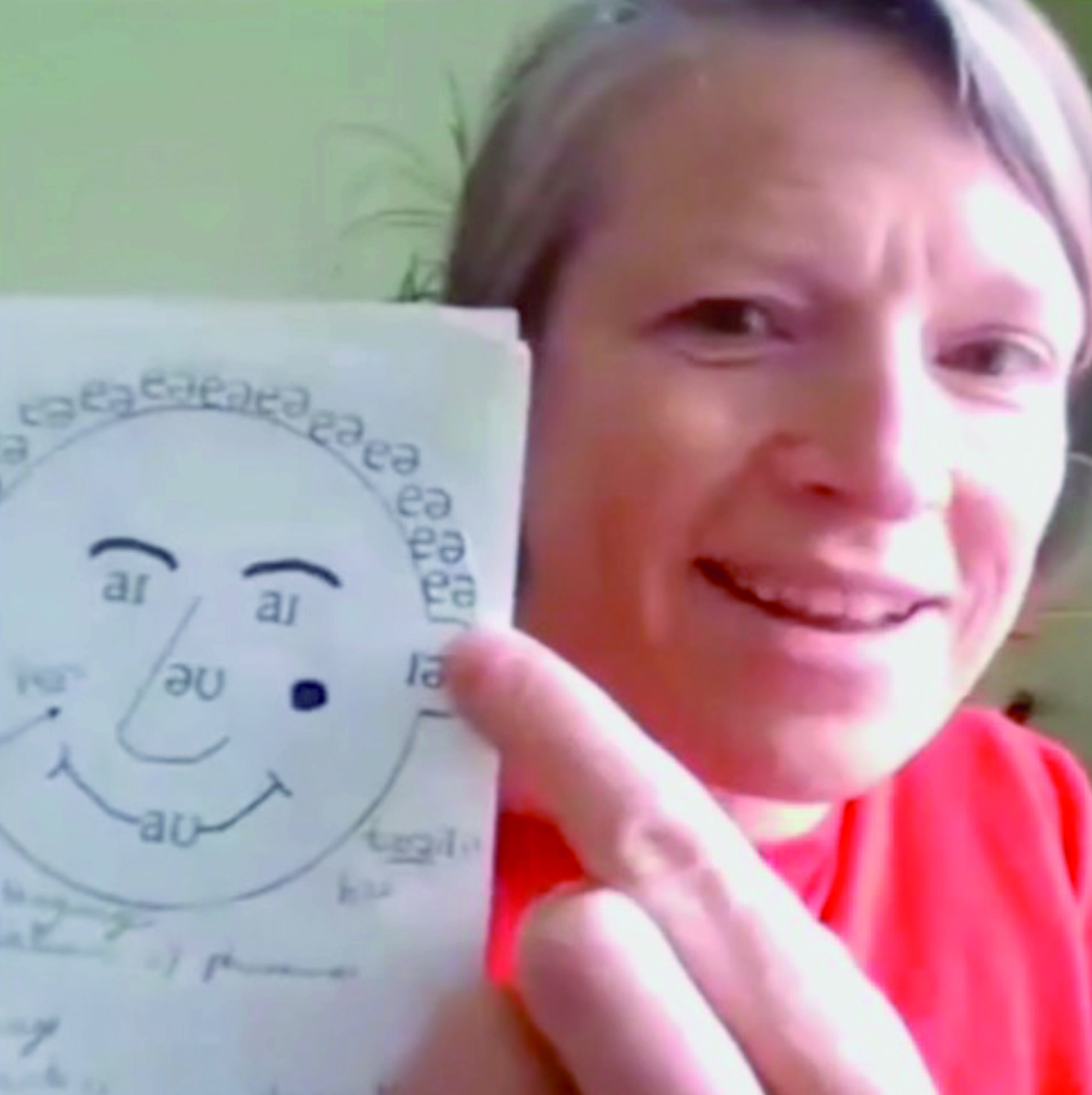 A person wearing a red shirt is holding a piece of paper with a drawing of a face decorated with letters such as 'ea' and 'au', and pointing to the paper.