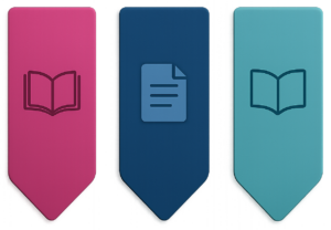 Three rectangular markers with pointed ends, each featuring a different icon: a pink marker with an open book, a blue marker with a document, and a teal marker with an open book.
