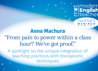 “From pain to power within a class hour? We’ve got proof.” Webinar announcement with the title 'From pain to power within a class hour? We’ve got proof.' by Anna Machura, focusing on the integration of teaching practices with therapeutic techniques.