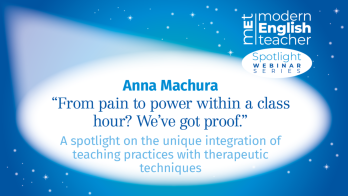 Webinar announcement with the title 'From pain to power within a class hour? We’ve got proof.' by Anna Machura, focusing on the integration of teaching practices with therapeutic techniques.