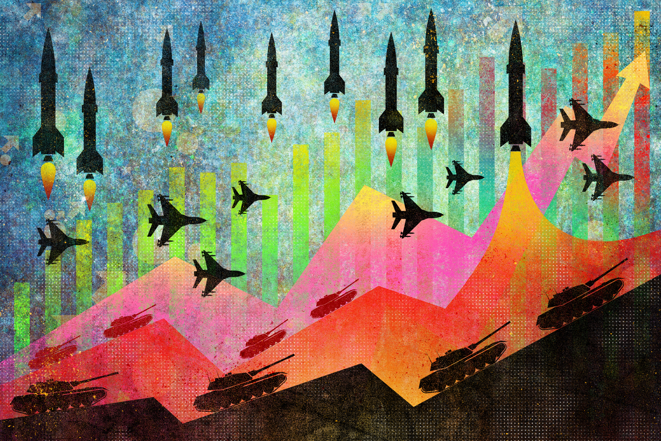 Abstract representation of modern military buildup with missiles, aircraft and ground forces