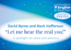 “Let me hear the real you!” Promotional image for a webinar titled "Let me hear the real you!" with David Byrne and Mark Heffernan, presented by Modern English Teacher in the Spotlight Webinar Series, featuring a blue background with stars and a spotlight effect.