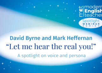 “Let me hear the real you!” Promotional image for a webinar titled "Let me hear the real you!" with David Byrne and Mark Heffernan, presented by Modern English Teacher in the Spotlight Webinar Series, featuring a blue background with stars and a spotlight effect.