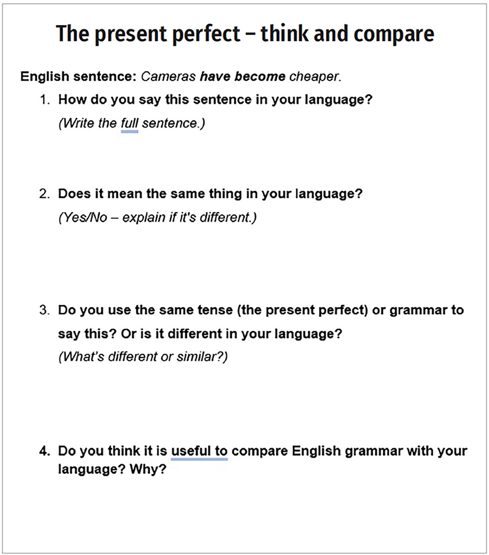 A worksheet titled "The present perfect – think and compare," with questions prompting learners to translate, compare, and analyze the English sentence "Cameras have become cheaper" in their own language, and discuss the usefulness of comparing English grammar with their language.