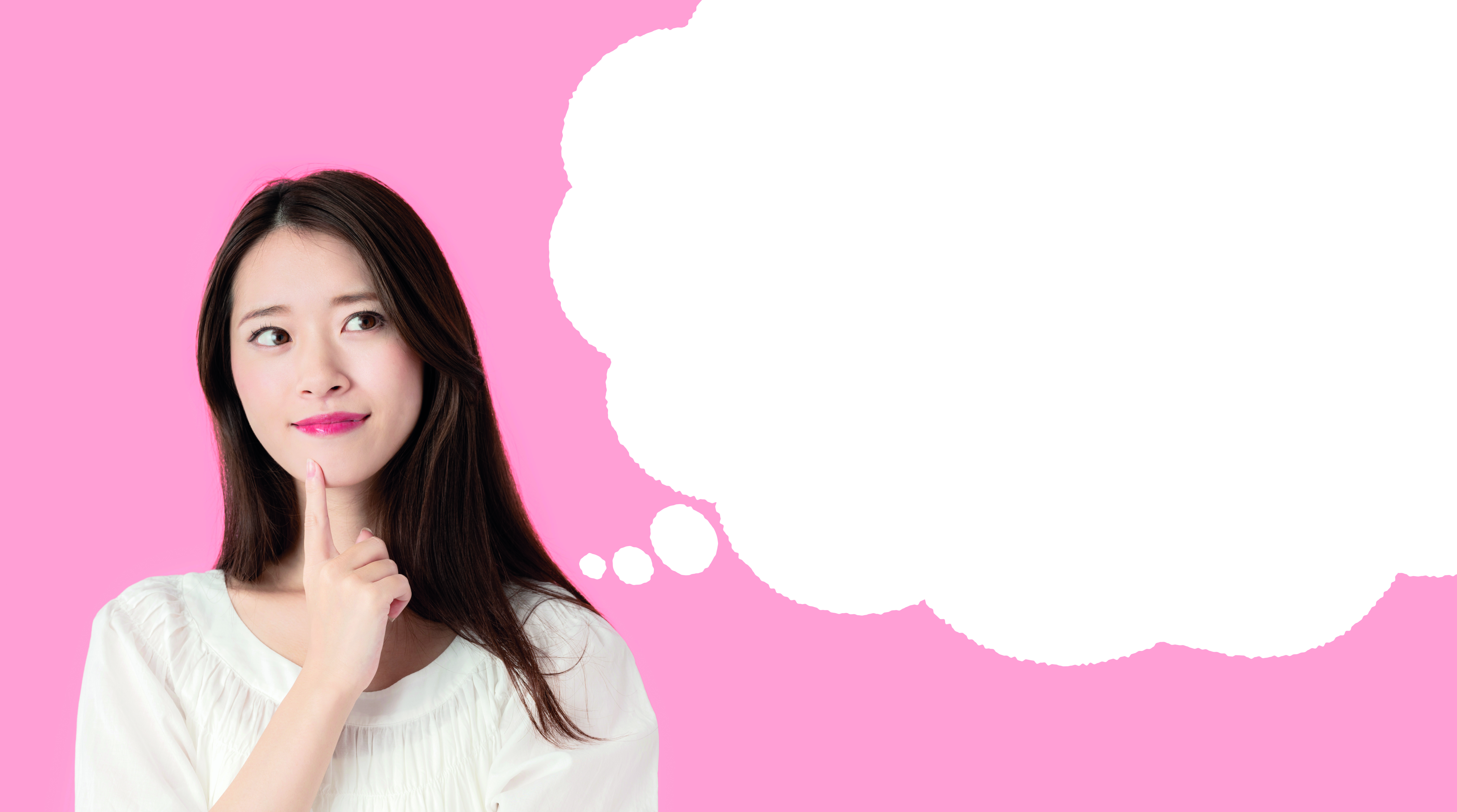 Effective ways to develop English speaking skills A woman with long dark hair and a thoughtful expression touches her chin, standing against a pink background with a large white thought bubble to her right.