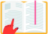 I gist don’t get it Illustration of an open book with a pink bookmark and a red hand pointing at text on the left page.