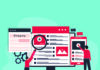 Assessing digital multimodal composing Illustration depicting people interacting with digital content on a computer and smartphone screen, featuring blogging and video elements, set on a light blue background, with gears symbolizing technology or functionality.