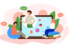 What should students sound like – British, American, Aussie, themselves or . . . ? Illustration of two people using laptops beside a large screen showing a person and various country flags, representing language learning or communication.