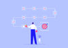 How to ‘taskify’ the coursebook Illustration of a person standing in front of a flowchart with boxes and checkmarks, holding a pencil, suggesting planning or organisation towards achieving a target symbolised by a dartboard with an arrow.