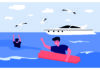 Why many pronunciation lessons are a waste of time Illustration of two people in the sea, one holding a red object, both waving for help with a white yacht and seagulls in the background.
