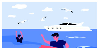 Illustration of two people in the sea, one holding a red object, both waving for help with a white yacht and seagulls in the background.