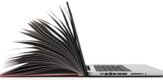 A laptop with an open book positioned beside it, with the pages fanned out, both objects appearing to form the shape of a single device.