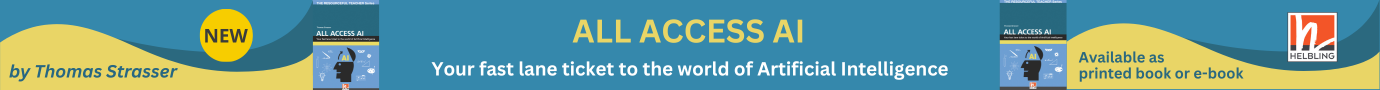 Banner featuring the book 'ALL ACCESS AI' by Thomas Strasser, described as 'Your fast lane ticket to the world of Artificial Intelligence.' The banner includes the book cover and mentions its availability in print or as an e-book from Helbling.