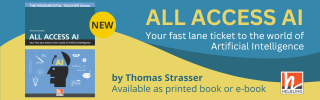 Banner advertising the book 'All Access AI' by Thomas Strasser, featuring the book cover with illustrations of a human head with AI-related symbols, and text stating its availability as a printed book or e-book.