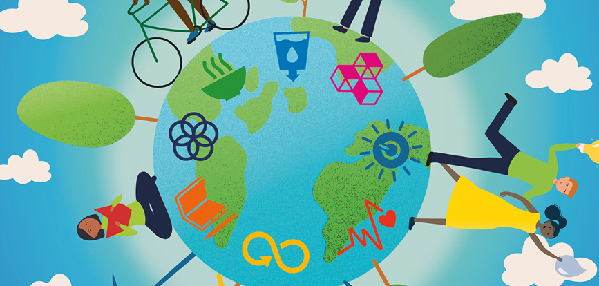 Illustration of a globe with various sustainability icons and diverse people interacting around it, symbolising environmental awareness and global unity.