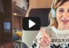 Using authentic YouTube videos A woman wearing headphones and a patterned sweater is sitting inside a cozy, wood-paneled RV interior, pointing upwards with a cheerful expression. There is a play button overlay in the center, indicating a video.