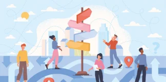 Why a career dance works for both parties illustration of people and directions signs