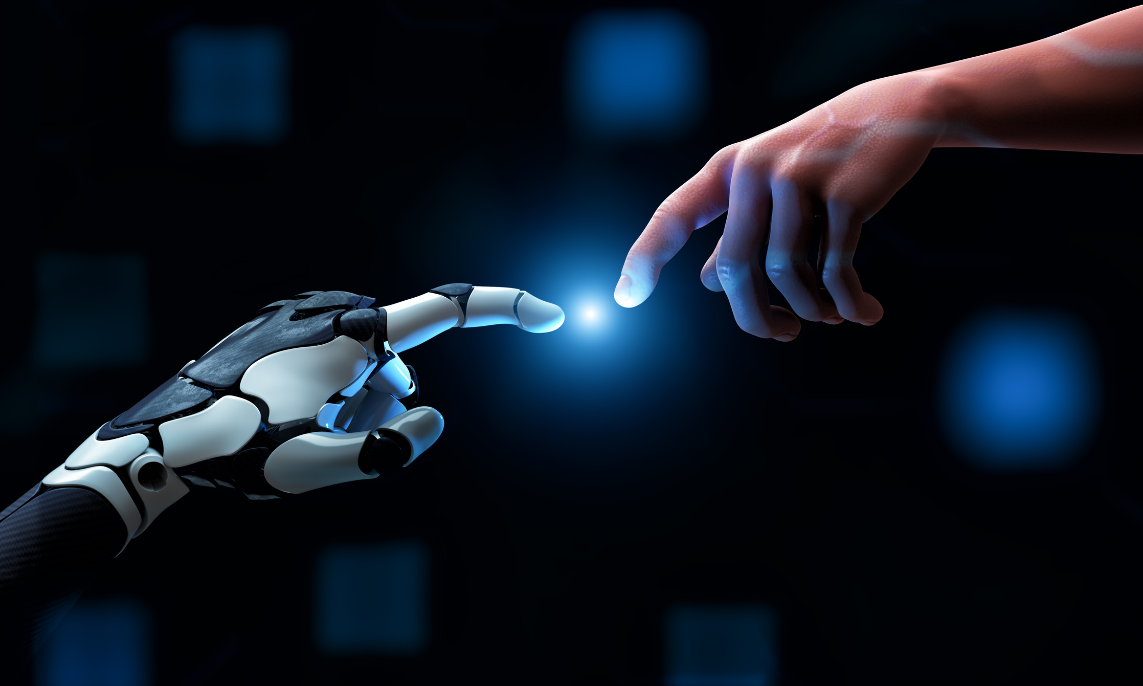 A robotic hand and a human hand reaching towards each other with a glowing light between their fingertips, set against a dark background.
