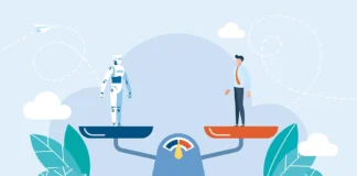 Unlocking AI’s potential in teaching and learning graphic of robot and human on scales