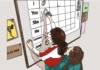 Tears and tenderness illustration of adult lifting child to write on board
