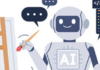 Painting with words Illustration of a friendly robot with "AI" on its chest, holding a paintbrush and palette near an easel, with a speech bubble and a coding window in the background.