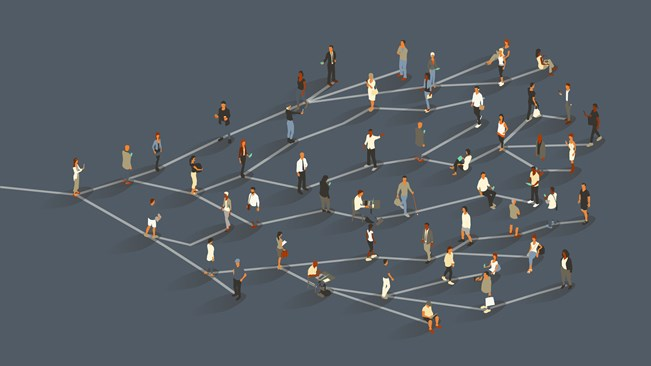 A stylized illustration of numerous people connected by lines, resembling a network or flowchart, on a grey background.