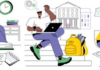 The exam revision process An illustration depicting three scenes of people studying: a person overwhelmed with books and papers at night, another walking with a laptop and headphones in front of a university building, and a third person writing notes on a desk with scattered papers.