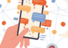 Using WhatsApp for extra language practice: tips and tricks Illustration of a hand holding a smartphone with various chat bubbles on the screen, surrounded by network lines connecting different user profile icons.