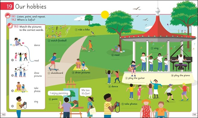 Illustration of a park with people engaged in various hobbies, including playing football, riding a bike, skateboarding, reading, drawing, painting, dancing, taking photos, singing, and playing the guitar and piano. A red pavilion and green trees complete the scene.
