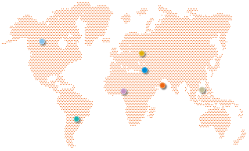 A stylized world map with continents outlined in orange dots. Various coloured dots are placed at different locations, possibly representing specific points of interest across the map.