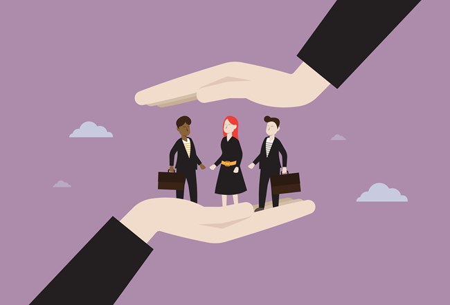 Illustration of two large hands cupping a group of three people, symbolizing protection. The people include a man and woman holding briefcases and another woman in professional attire, set against a lavender background with small clouds.