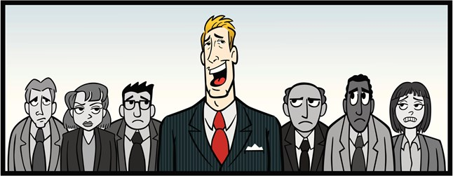 A cartoon depicting a group of businesspeople in suits, where the central figure is brightly colored, smiling broadly, and wearing a suit with a red tie, standing out from the others who are in greyscale with neutral or displeased expressions.