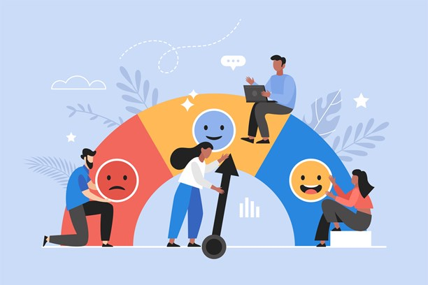 Illustration of four people interacting with a large semicircular gauge displaying sad to happy faces, with arrows pointing toward the middle smiley face.