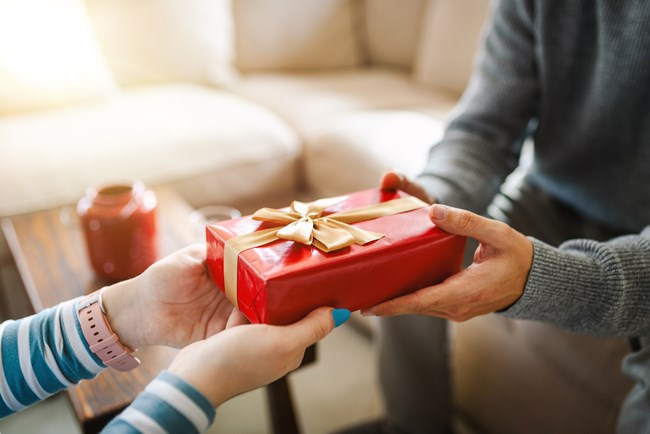 A person hands over a red gift box wrapped with a golden ribbon to another person in a cozy living room setting.