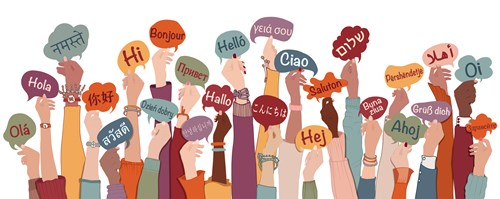 Illustration of diverse hands holding speech bubbles with greetings in various languages, including English, Spanish, French, and others.