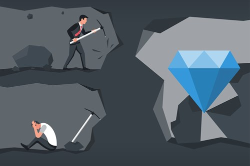 Illustration of two men digging tunnels towards a large diamond; the top man in a suit is continuing to dig, while the lower man in a vest has stopped and appears frustrated.