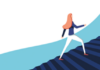September 2023 issue out now… Illustration of a person with long hair and business attire climbing a large staircase against a stylized blue background.