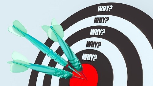 Three teal darts hitting the center of a target with the word 'WHY?' repeated in each concentric circle.