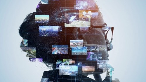 Silhouette of a person with glasses overlaid with multiple digital images, symbolizing technology and digital information integration.