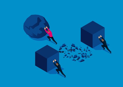 Illustration of three people pushing objects: one pushes a large rock, another pushes a cube that is breaking apart, and the third pushes an intact cube, all on a blue background.