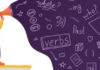 Grammar in foreign language lessons Illustration of a woman with red hair speaking into a megaphone, standing on a book. Speech is depicted as a purple cloud filled with words and symbols related to language, such as 'verbs', 'Past', and question marks.