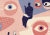 The observer Abstract illustration featuring various silhouettes of people and large eye motifs in muted blues and pinks, symbolizing surveillance and observation.