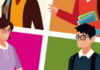 How are your emotional skills? Illustration of students with backpacks, each in separate panels, one wearing a purple hoodie and glasses, another holding books with a red sweater, and others with various colored backgrounds.