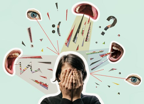 A person covering their face with their hands, surrounded by disembodied mouths and eyes shouting and staring at them, creating a sense of overwhelming chaos and stress.