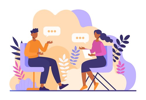 Illustration of two people sitting and having a conversation, surrounded by abstract plants and speech bubbles.