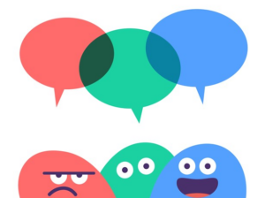 Three colourful speech bubbles overlapping above three cartoon faces with different expressions: one angry, one neutral, and one happy.