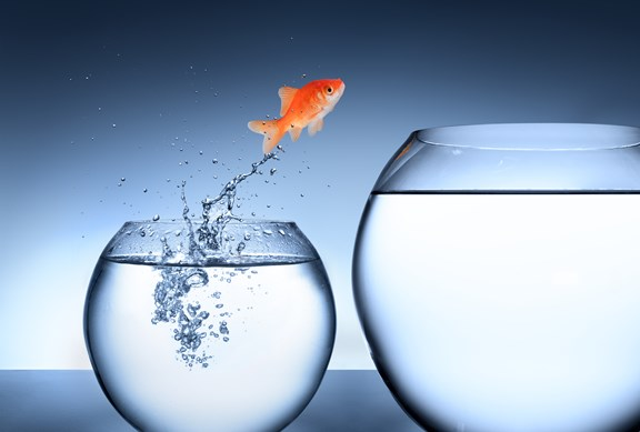 A goldfish leaping out of a smaller fishbowl filled with water towards a larger, empty fishbowl.